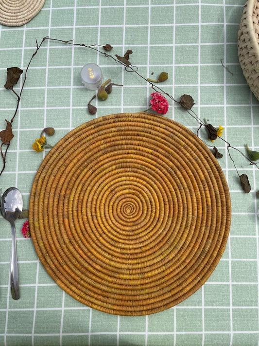Boho Mustard Palm Leaf Placemats: Round Woven Table Decor