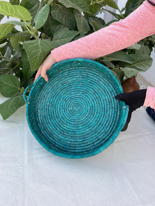 Handmade Boho Palm Fiber Basket Tray: Rustic Green Ottoman & Coffee Table Decor