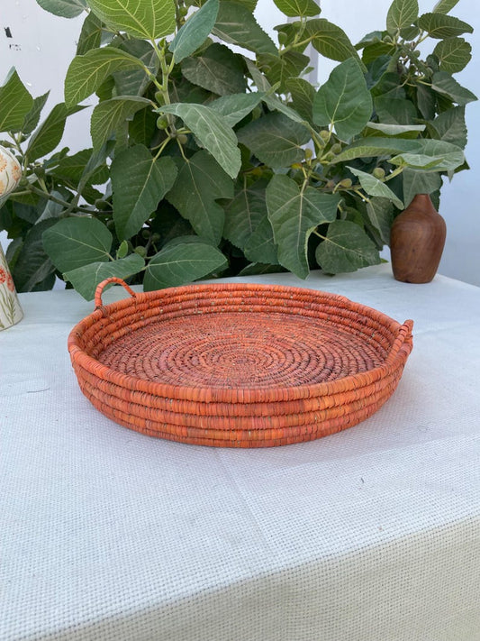 14-inch Palm Woven Round Tray for Coffee Table, Fruit, Coastal Decor, Rustic Farmhouse Serving