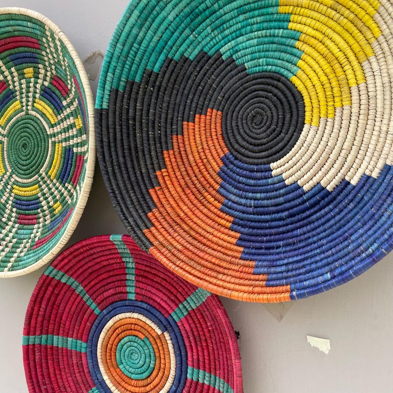 Woven Wall Basket Decor (Set of 3), Boho African Art, Assorted Baskets, Dyed Palm & Sea Grass