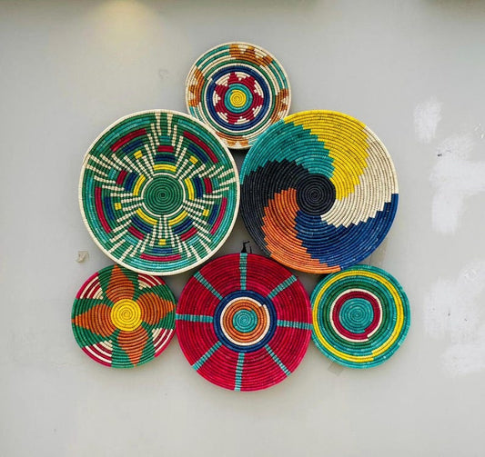 Woven Wall Basket Decor (Set of 6), Boho African Art, Dyed Palm & Sea Grass