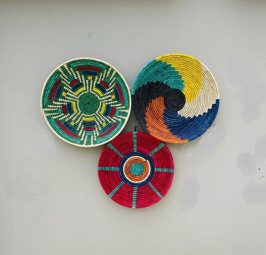 Woven Wall Basket Decor (Set of 3), Boho African Art, Assorted Baskets, Dyed Palm & Sea Grass