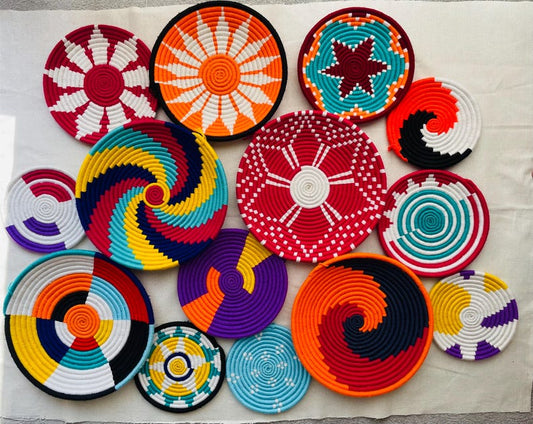 Woven Wall Basket Decor Set of 14: Colorful Boho Wall Baskets, African Wall Baskets, Basket Wall Art, Assorted Baskets, Living Room Wall Art