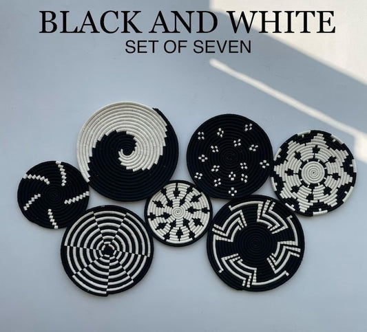 Boho Wall Basket Set of 7: Black & White woven basket Decor