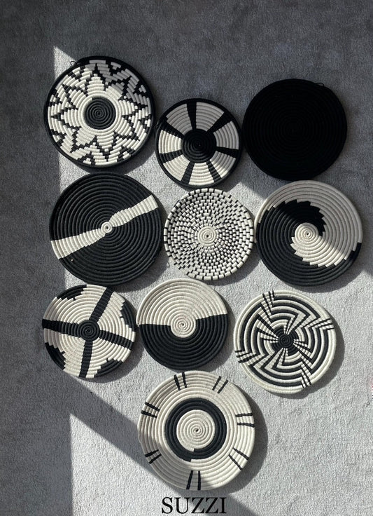 Handwoven Wall Basket Set of 10, Bohemian Wall Hanging, Black And White wall Art, Woven African Baskets, Living Room & Bedroom Wall Art