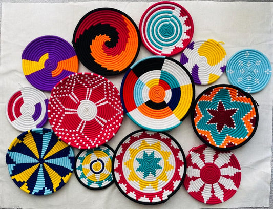 Set 13 Hand woven wall baskets, colorful wall art, wall hanging plates, wall décor, boho wall basket, African baskets, baskets for wall