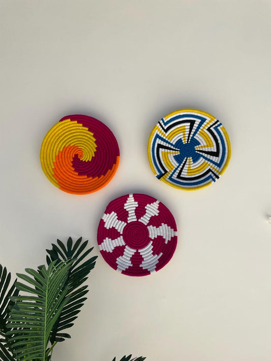 Set of 3 Handwoven Sea Grass Wall Baskets: Colorful Boho Wall Decor