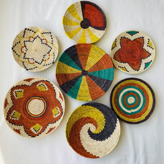 Handwoven Boho Tribal Wall Basket Set of 7 - Natural Fiber Geometric Sunburst Decor - African Ethnic Woven Wall Art - Bohemian Wall Decor
