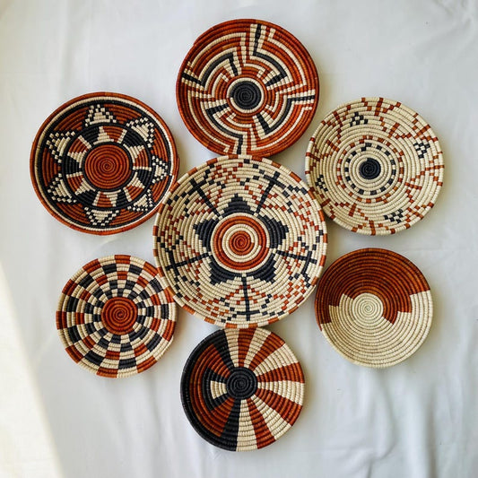 Boho Wall Basket Set Of 7, Handwoven African Baskets for Wall Decor, Neutral Rustic Woven Wall Art, Tribal Home Decor, Beige Brown Baskets