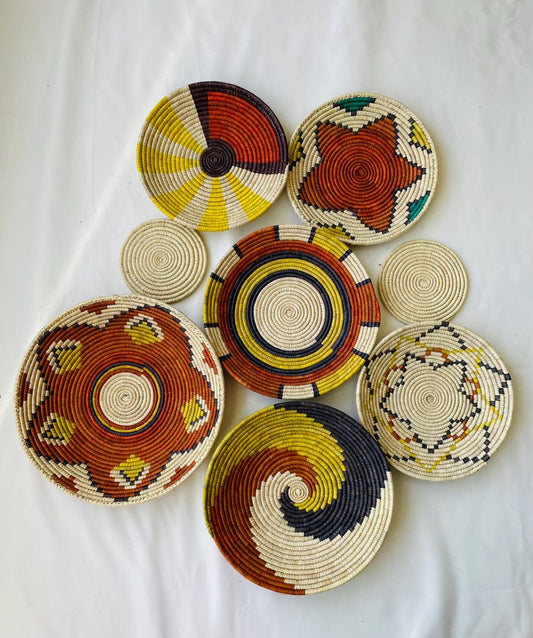 Handwoven Wall Basket Decor Set Of 8 - African Wall Baskets - Boho Wall Baskets Set - Rustic Wall Hanging Baskets - Bohemian Wall Decor