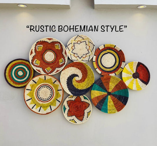 Handwoven Boho Tribal Wall Basket Set of 9 - Natural Fiber Geometric Sunburst Decor - African Ethnic Woven Wall Art - Bohemian Wall Decor