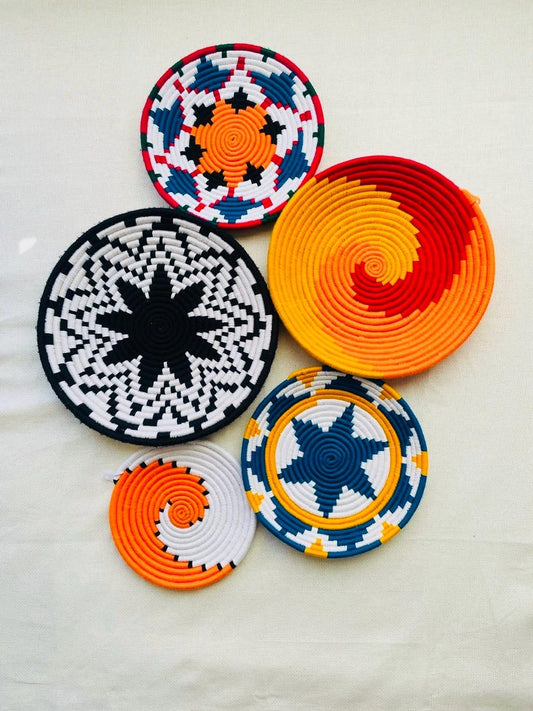 Colorful Boho Wall Basket Decor Set of 5, Bohemian Wall Hanging, Woven Wall Baskets, African Wall Baskets, Living Room & Bedroom Wall Art