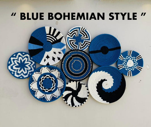Blue Black & White Boho Wall Basket Set of 9 - Woven African Wall Baskets - Hanging Wall Basket Decor - Basket Wall Art, Bohemian wall Decor