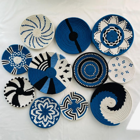 Blue & White Woven Wall Baskets Set Of 3,4,5,6,7,8,9,10 and 11, Boho Wall Baskets, Basket Wall Art, African Wall Basket, Bohemian Wall Decor